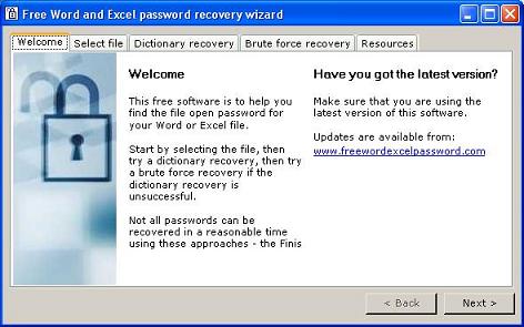 Free Word Excel Password Recovery Wizard screenshot / link to site